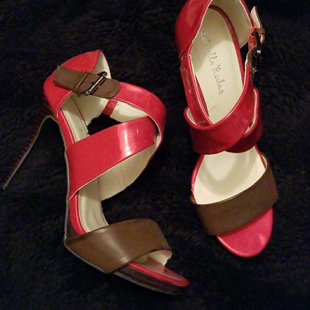 Strappy red and brown high heel sandals